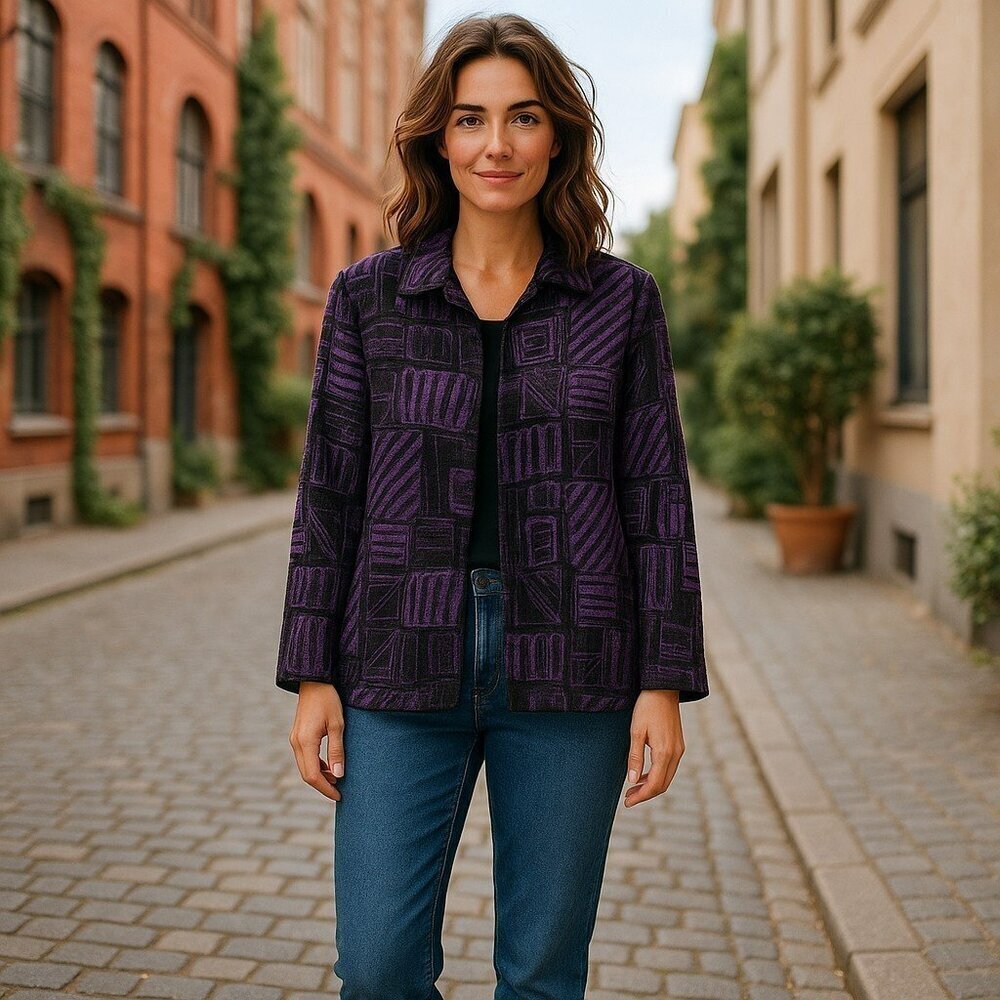 TanJay Womens Size XL Black Purple Geometric Boxes Button Metallic Thread Jacket